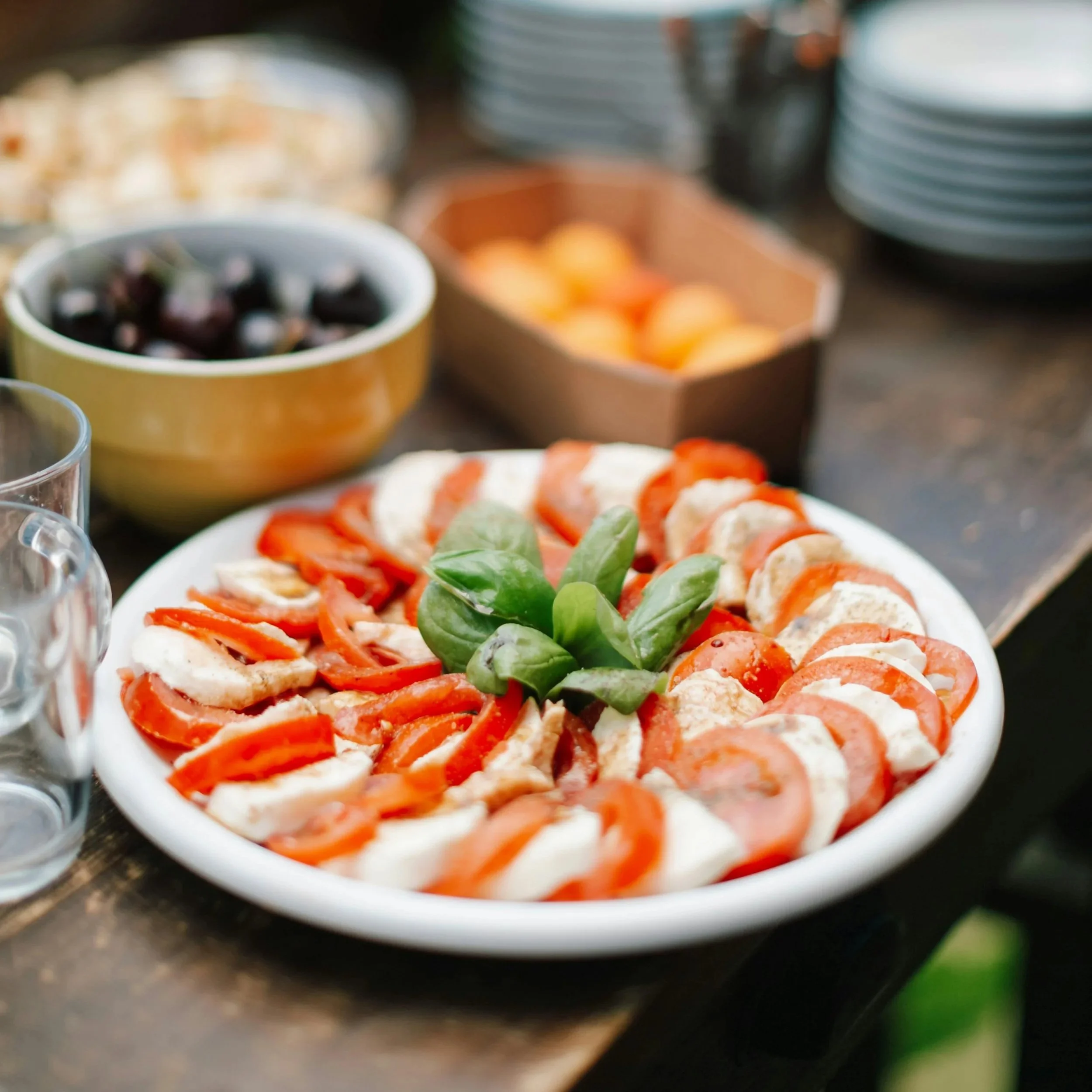 Tomato and mozzarella salad arranged with fresh basil.