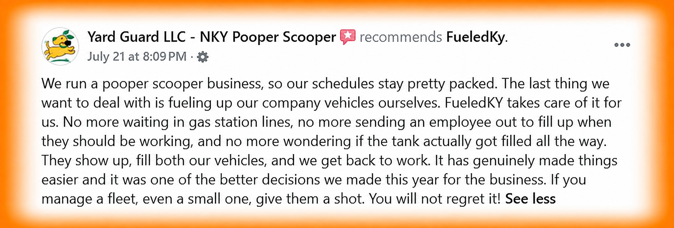 Screenshot of a social media post by Yard Guard LLC about their pooper scooper business, with a yellow dog cartoon logo and orange border.