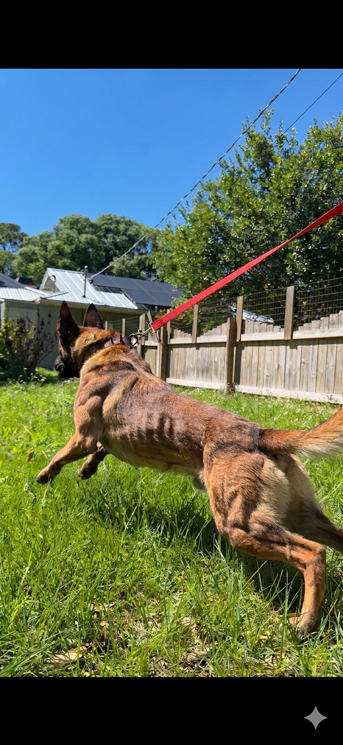 Belgian Malinois running through the grass, Renegade Rex K9 Ranch, Port St. Lucie, Florida