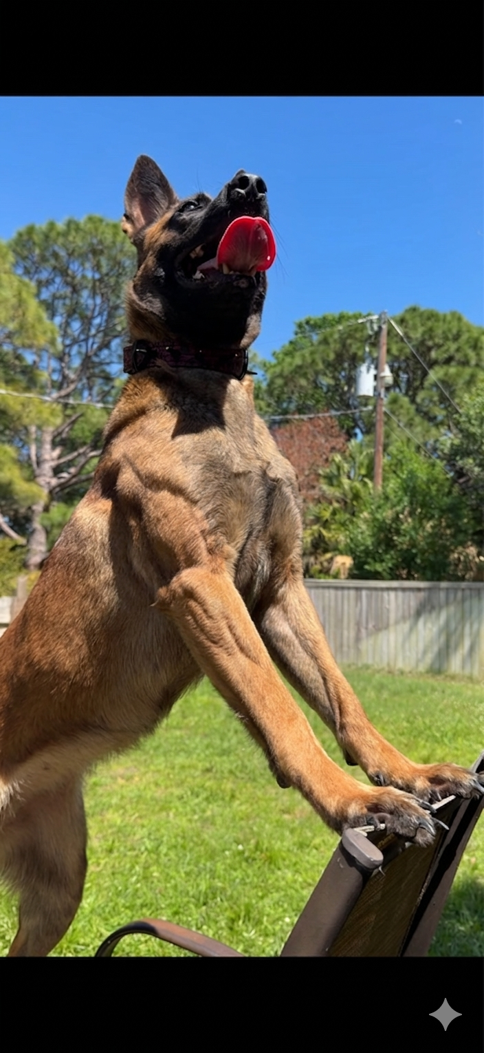 Playful Belgian Malinois with front paws up on a chair, Renegade Rex K9 Ranch, Port St. Lucie, Florida