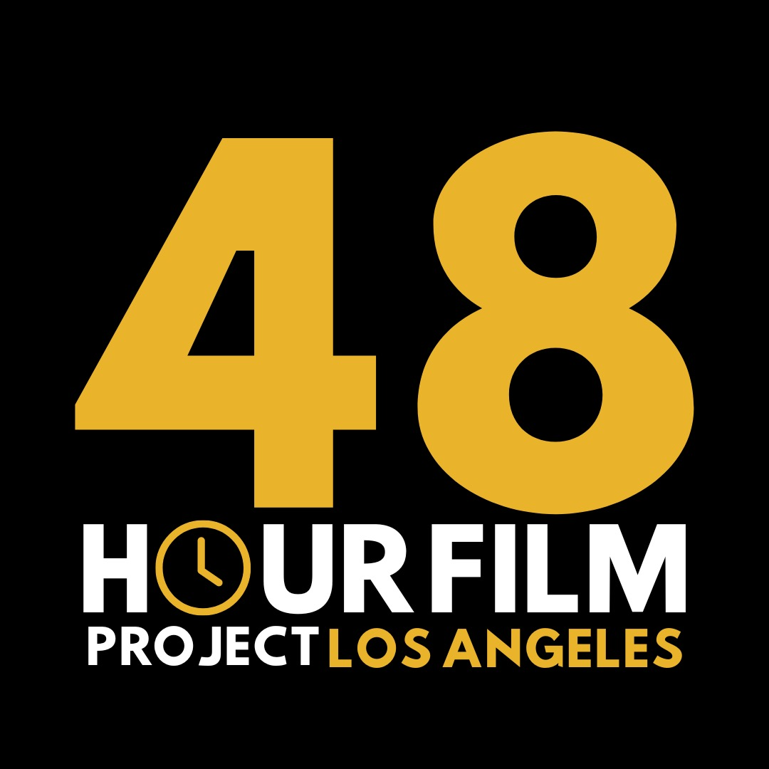 Logo for 48 Hour Film Project Los Angeles featuring large golden number 48, with black and white text including a clock icon.