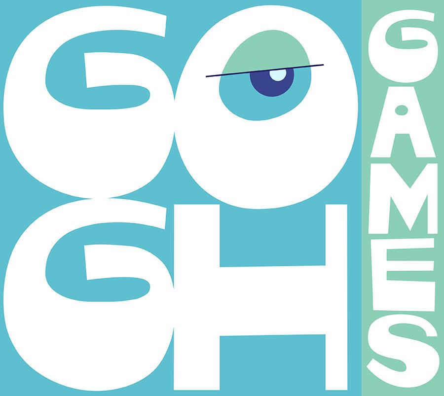 The image features the text "GOGGLES" and "GAMES," with the letter "O" personified as a cartoon eye with a blue iris and a line as an eyelid, on a light blue background.