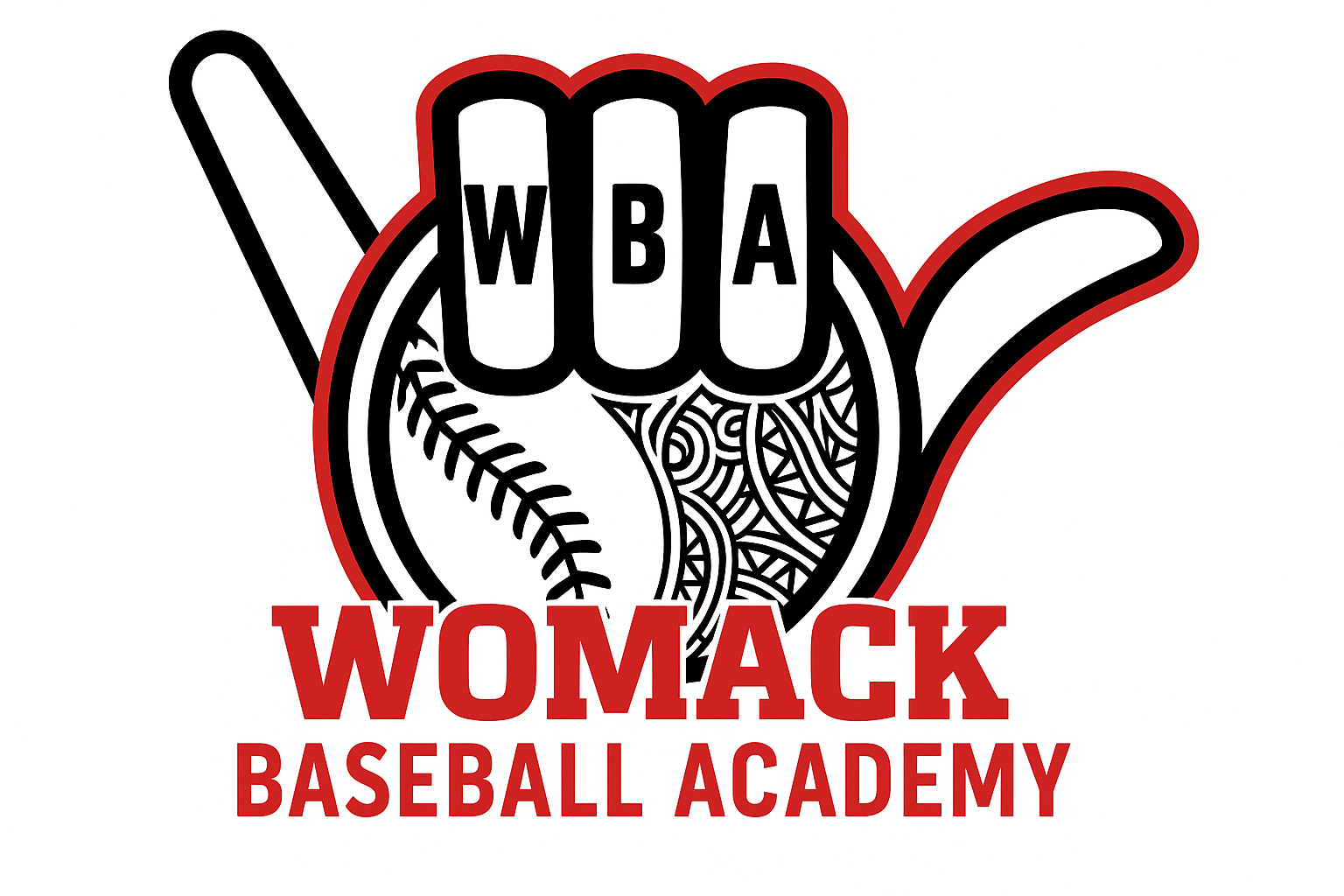 A graphic logo for Womack Baseball Academy featuring a stylized hand making the finger gun gesture. The hand's palm contains a baseball with a stitched pattern, and the fingers spell out 'WBA' with bold letters. The logo uses black, red, and white colors.