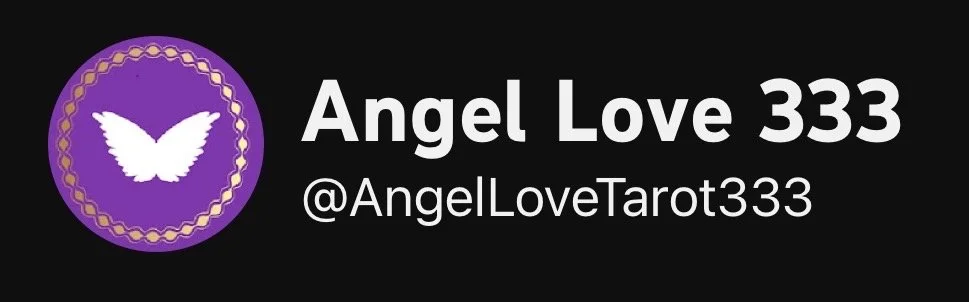 Social media profile banner for Angel Love 333 with a purple circle logo featuring a white butterfly, black background, and white text displaying the username '@AngelLoveTarot333'.