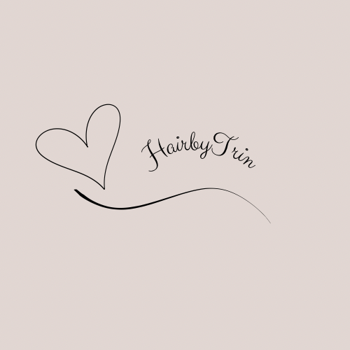 A simple line drawing of a heart with the words 'HairbyTrin' written beside it on a light pink background.