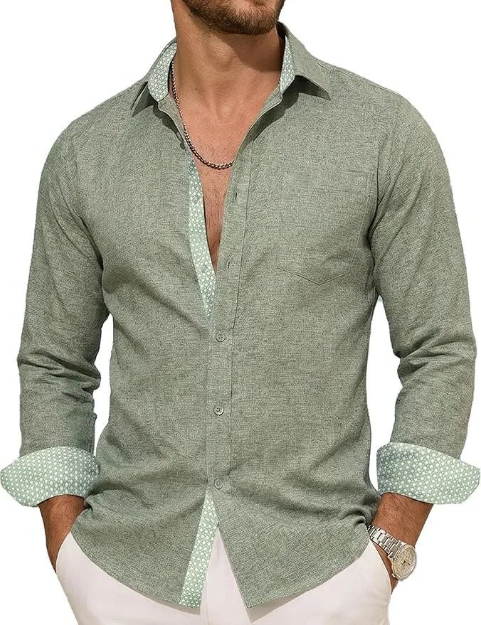A relaxed linen shirt with just enough detail to stand out—patterned collar, cuffs, and placket add a subtle edge, while the chest pocket keeps it practical. Easy to wear from beach days to casual evenings, it pairs effortlessly with chinos, denim, o
