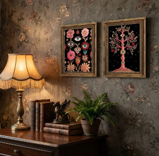 Two vintage gold framed prints with a dark, witchy edge, pairing evil eye and tree of vision imagery for an unexpected note among softer florals and vintage pieces. Eclectic rooms thrive on this kind of contrast, moody and mystical sitting comfortabl