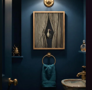 A moody, storybook scene of a heron behind striped curtains, framed in solid wood for that collected, dark academia feel. The kind of piece that looks like it has always been there, quietly setting the tone for a room full of character.