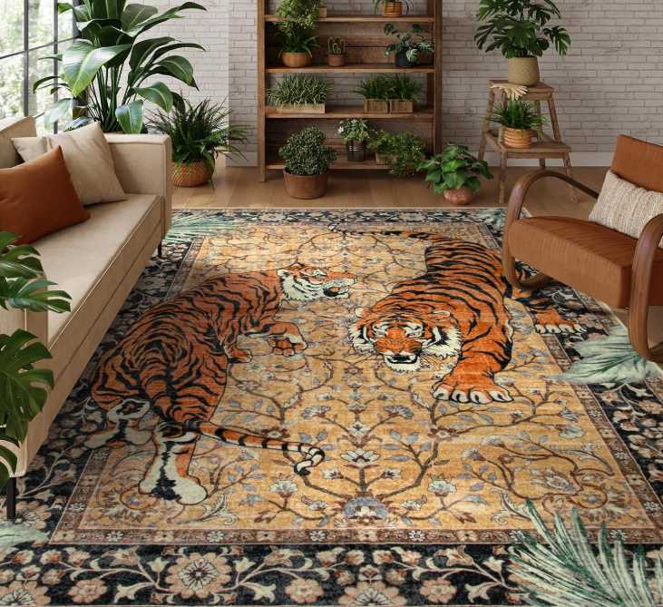 A large, vintage inspired tiger print rug in a warm camel tone, grounding a room the way eclectic spaces often need, with one bold, pattern rich foundation piece. It gives every other collected item, prints, textures, vases, something cohesive to sit
