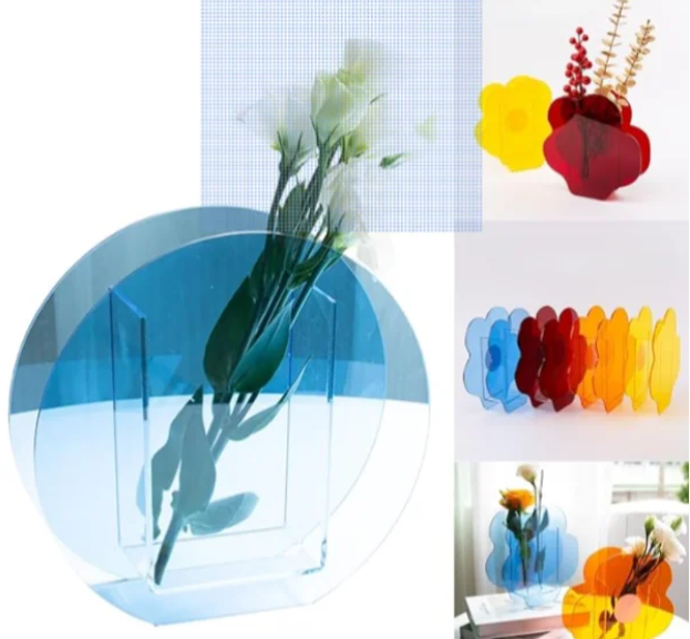 A colorful acrylic flower vase in flower, arch, or round shapes that elevates room decor and desk decor with a minimalist, contemporary accent. Beyond floral displays, the vase doubles as a makeup brush holder, pen organizer, or compact centerpiece. 