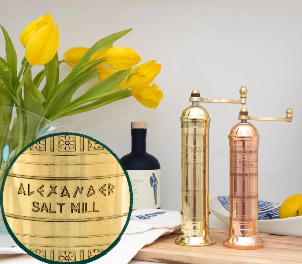 Alexander Home Original Greek Brass Salt Mill.

Inspired by the timeless kitchens of the Mediterranean, the Alexander Home Greek Salt Mill brings European craftsmanship and everyday beauty to the table. Its elegant brass finish and classic manual des