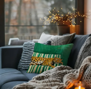 An emerald green leopard print pillow cover that leans into the maximalist side of eclectic, another pattern in the mix rather than a match for what is already there. Layered alongside other patterns and materials in the room, it adds depth and a bit