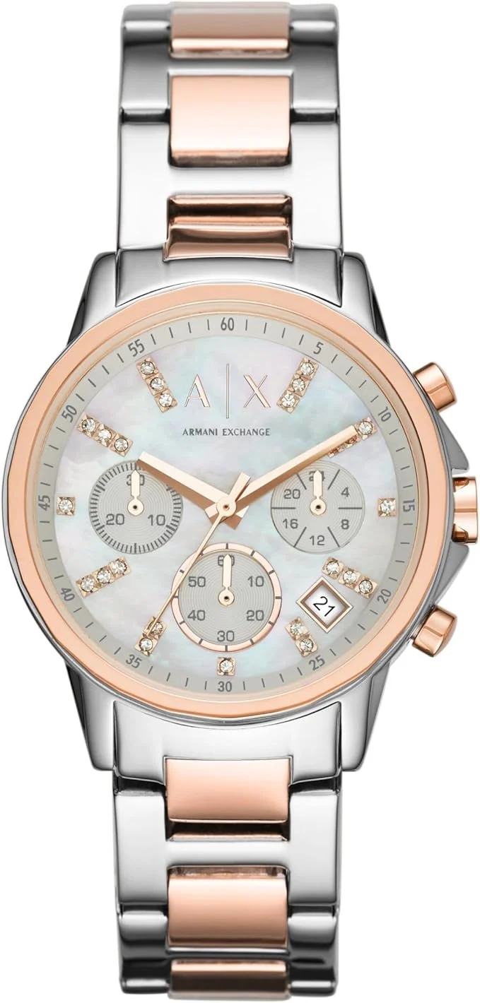Armani Exchange brings you the A|X Two-Tone Stainless Steel Watch. 
A touch of blush; Soft & Feminine. Refined detail, with a modern edge.
A silver mother-of-pearl dial balanced with a rose and silver two-tone bracelet.
This watch brings a subtle shi