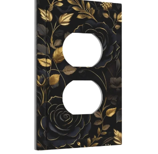 A small, easily overlooked detail turned into a design moment, black roses and gold outlines printed right onto the outlet plate. Eclectic design often lives in these little touches, the unexpected spots where personality shows up even where you woul