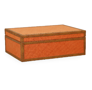 The Acre jewelry box wraps woven orange cotton-jute in tan leather trim with a soft cream-lined interior, bringing in natural texture alongside a bold pop of color. Pieces like this add the tactile, collected layer that makes an eclectic room feel co