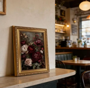 A dark, moody botanical painting of peonies in a rustic gold frame, the kind of Victorian inspired piece that gives an eclectic room its sense of history. Layered among other collected art and prints, it adds the depth and old world charm eclectic sp