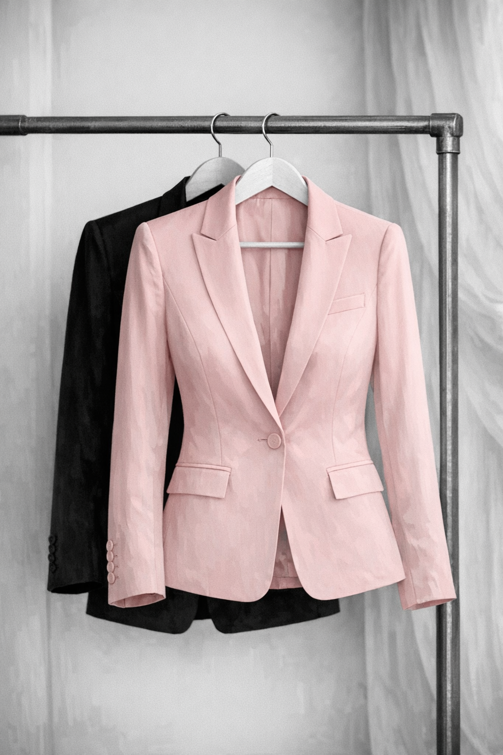 A light pink blazer and black blazer on hangers hanging on a metal garment rack, standing against a neutral background.