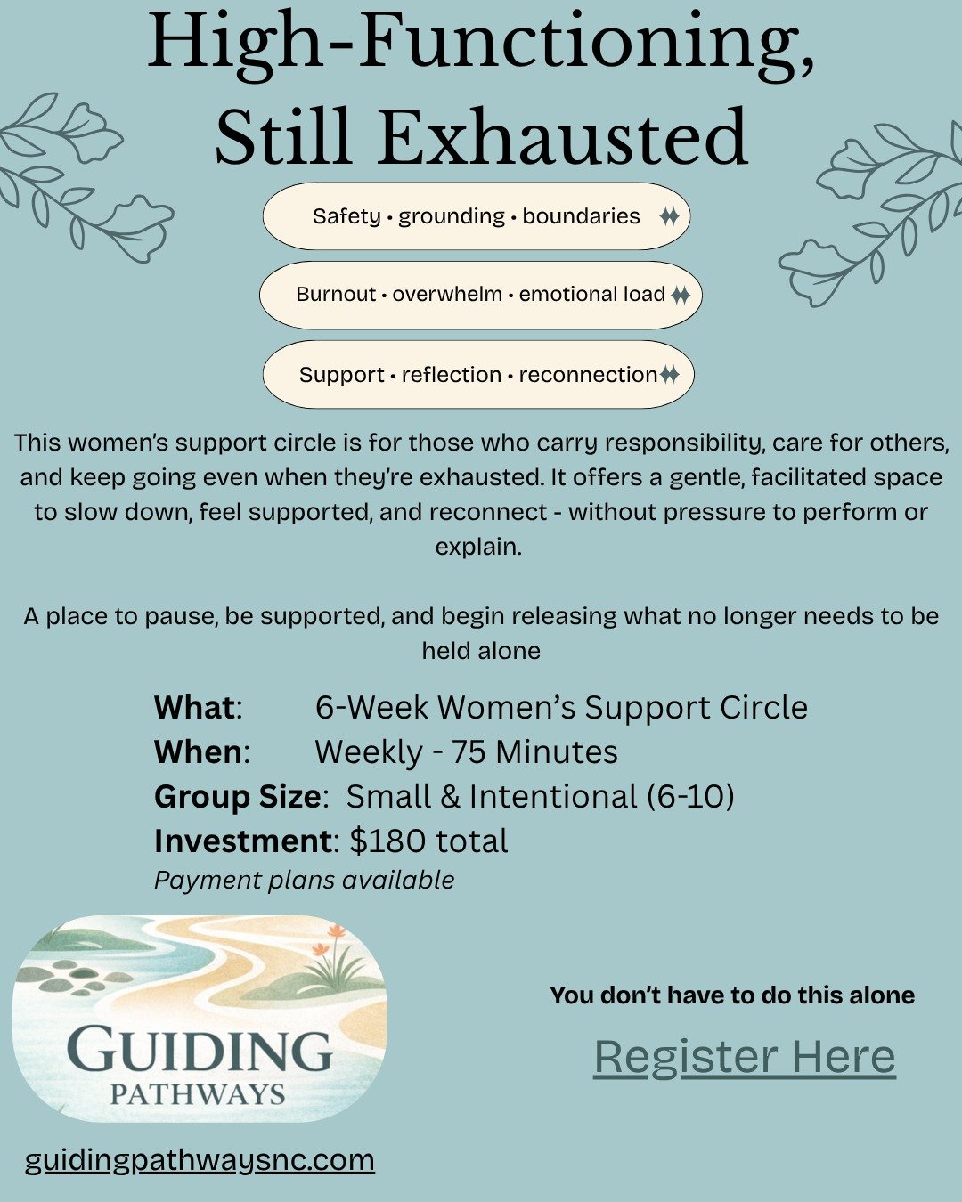 You can be capable and tired.
Strong and overwhelmed.

This virtual women's support circle is a place to pause, be supported, and begin releasing what no longer needs to be held alone. 

Small group &middot; gentle guidance &middot; real support
🔗 L