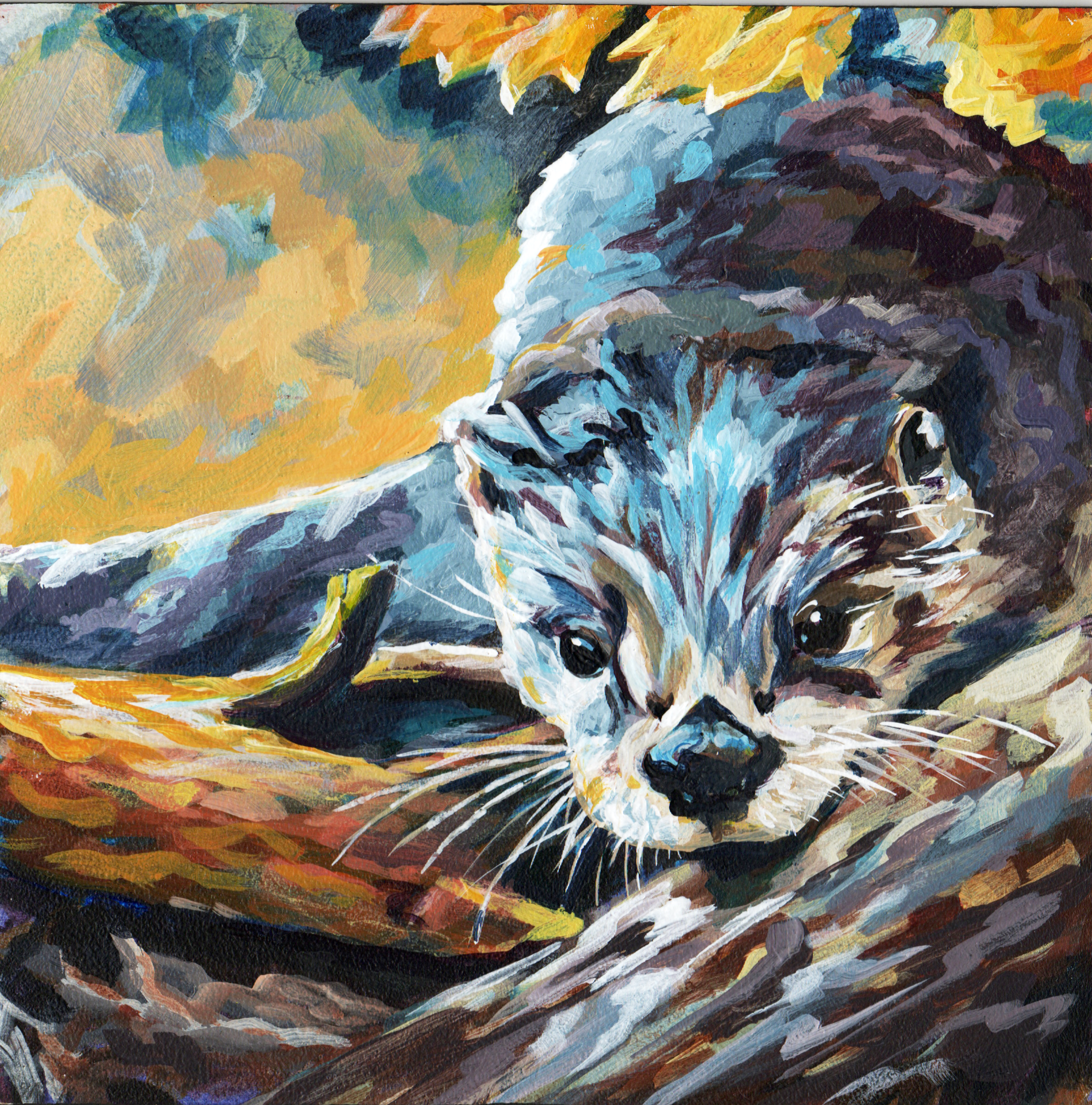 An abstract painting depicting a dynamic scene with swirling colors of yellow, blue, black, and white, suggesting movement and energy.