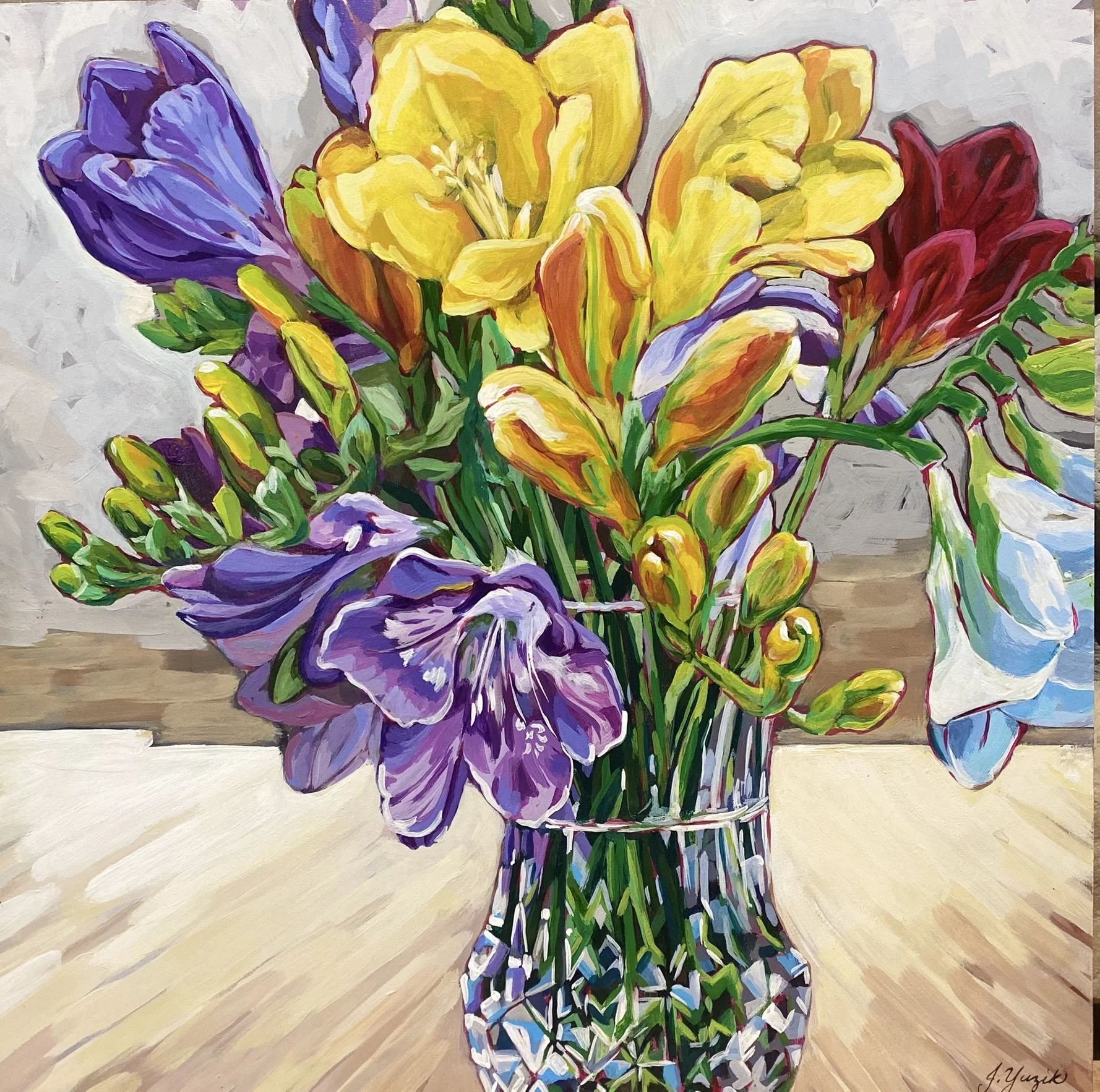 A colorful painting of a bouquet of flowers in a glass jar on a wooden surface. The flowers are in shades of purple, yellow, orange, red, and white with green stems and leaves. The background is a light, neutral color.