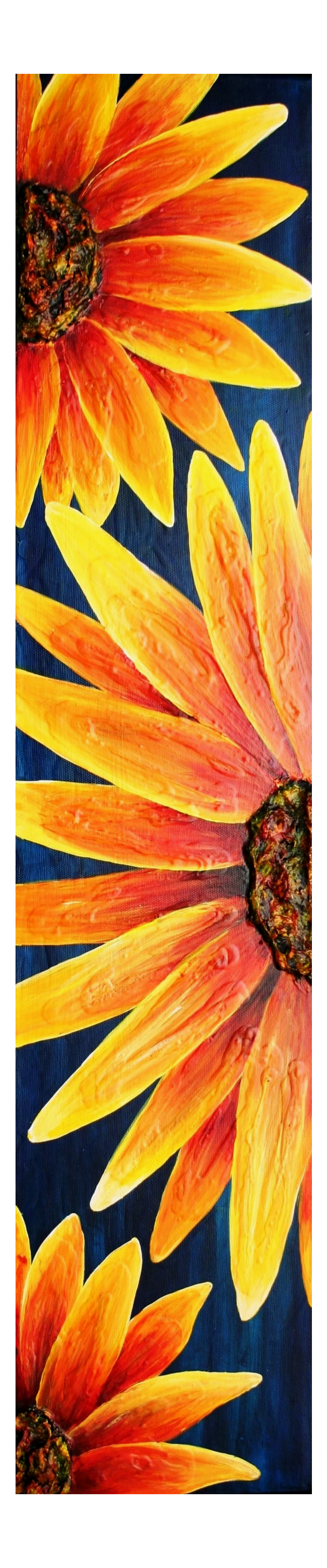 Close-up of three vibrant orange and yellow sunflower petals against a dark background.