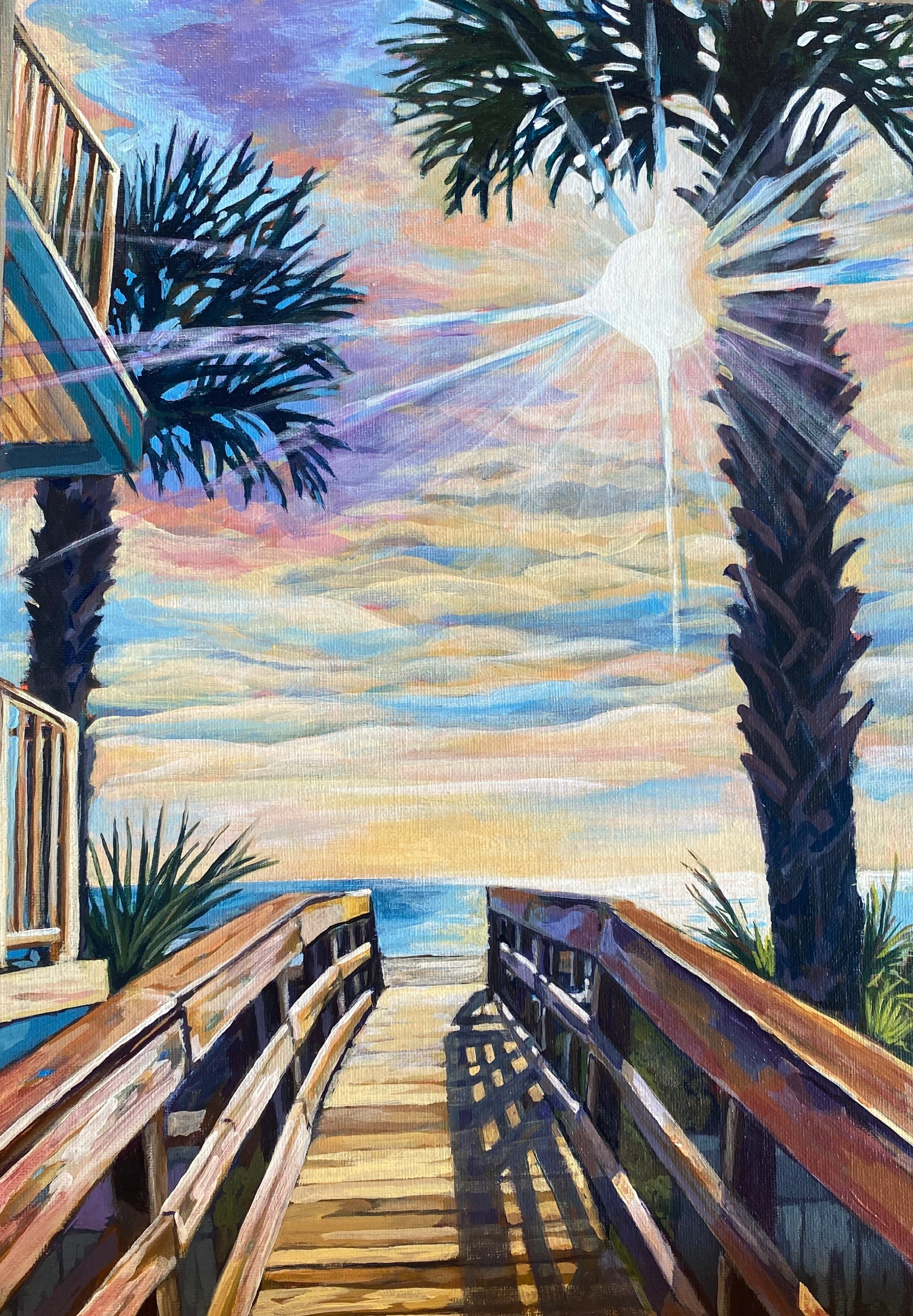 A colorful painting of a wooden boardwalk leading to the beach with palm trees on either side, a sunset sky with pink, purple, and orange hues, and the ocean in the distance.