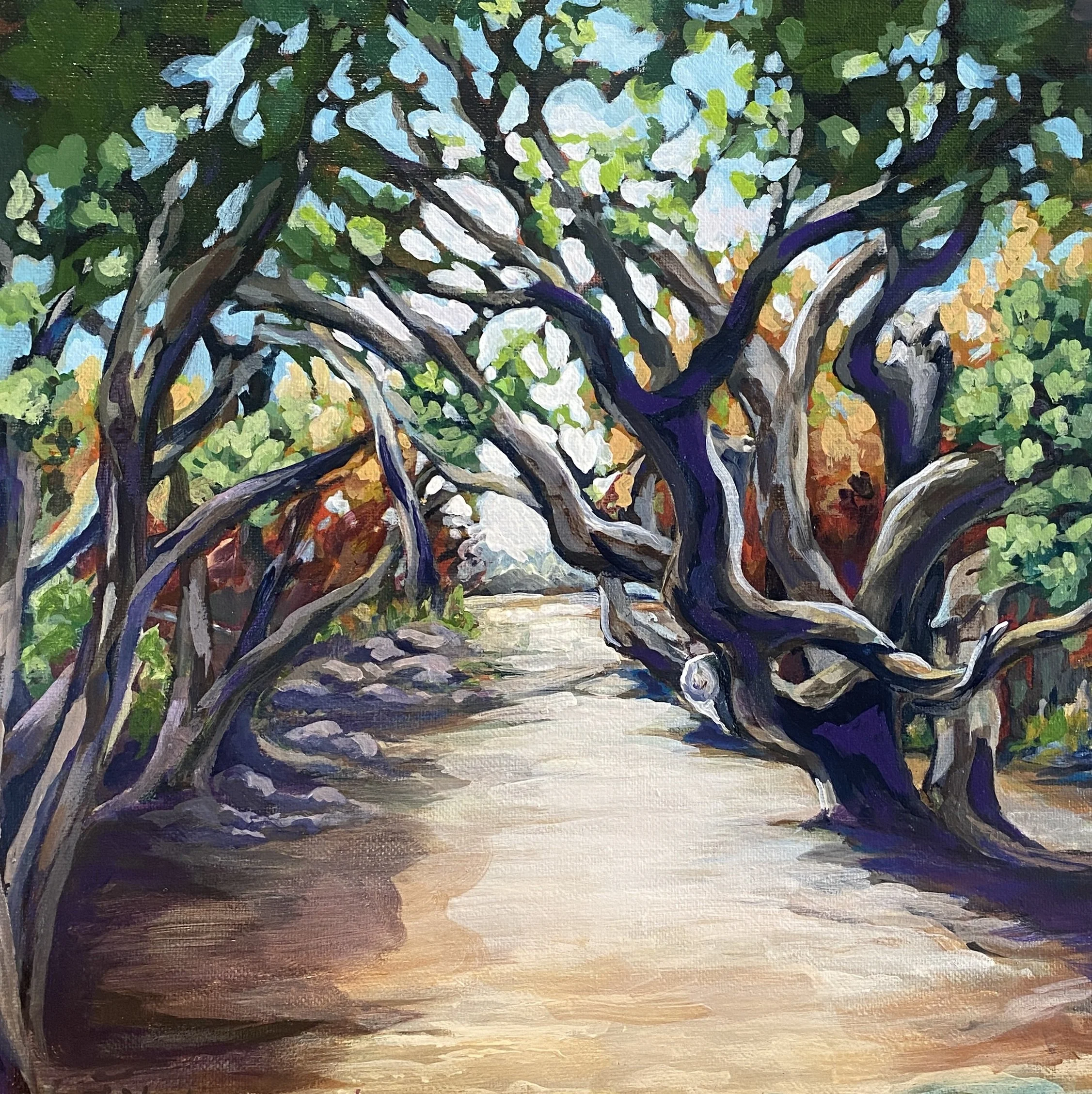 A colorful painting of a tree with a thick trunk and spreading branches filled with green, yellow, and white leaves, set against a background of a gradient sky transitioning from light to darker shades.