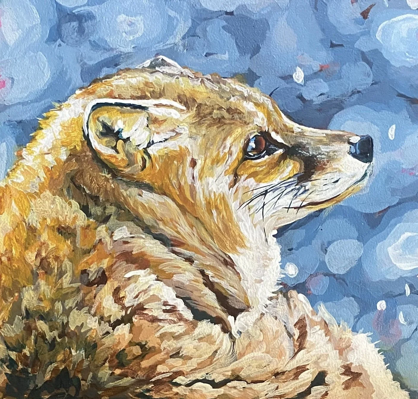 A painted portrait of a meerkat gazing to the right, with a background of blue and white abstract circles.