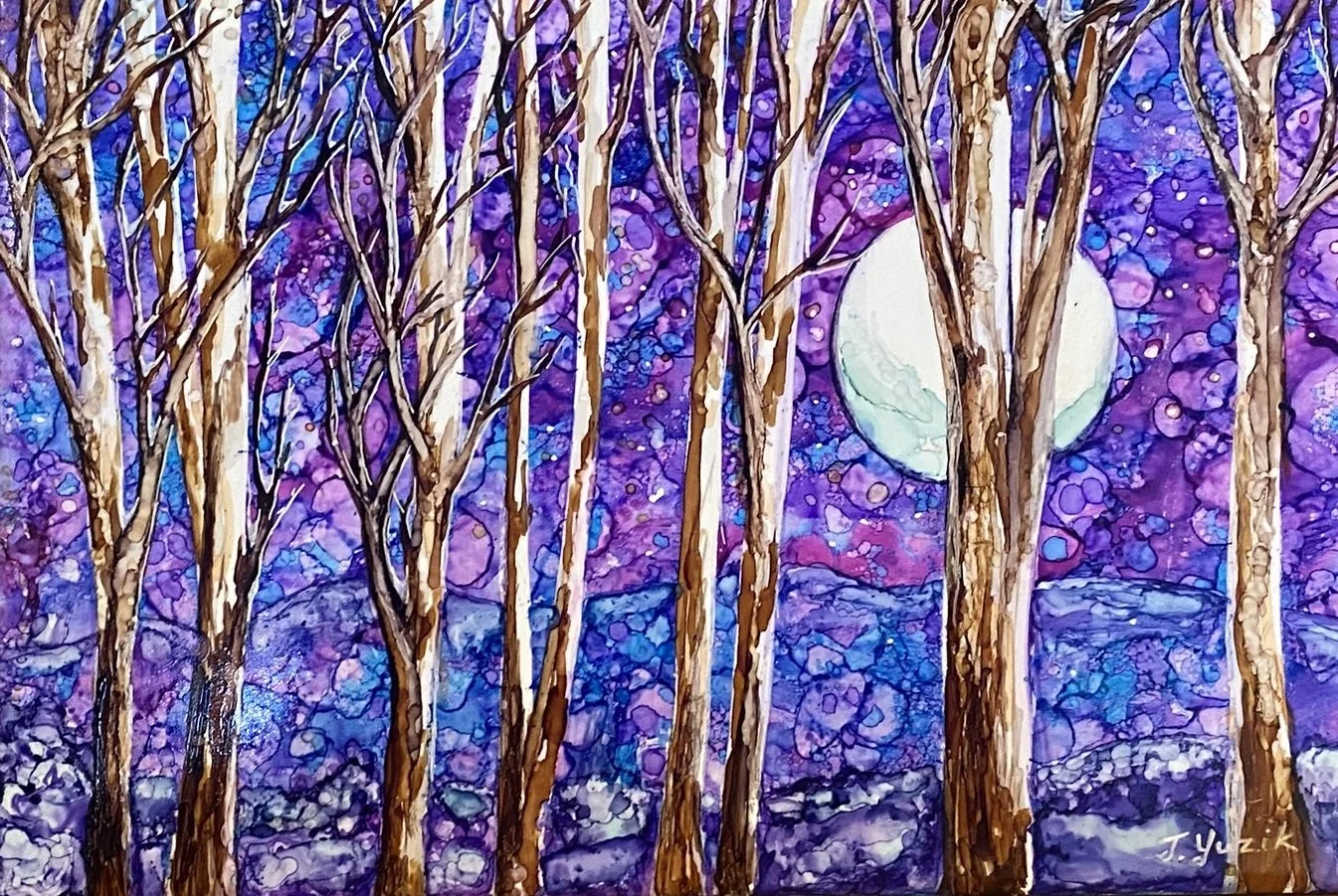 A vibrant watercolor painting of a forest at night with tall, slender trees and a large full moon in the sky, featuring shades of purple, blue, and hints of pink.