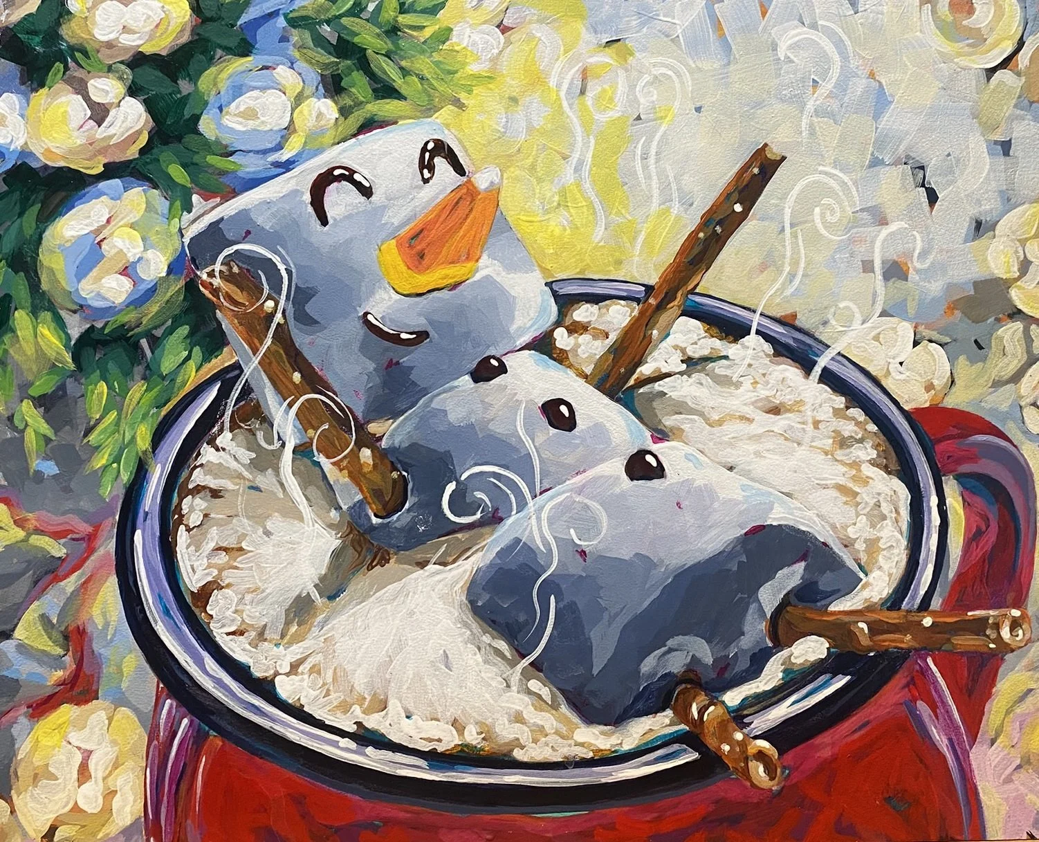 Painting of a cozy breakfast scene with a snowman mug holding a hot beverage, sitting on a red tablecloth next to a bowl of oatmeal topped with chocolate chips and cinnamon sticks. There are green leaves and white flowers in the background.
