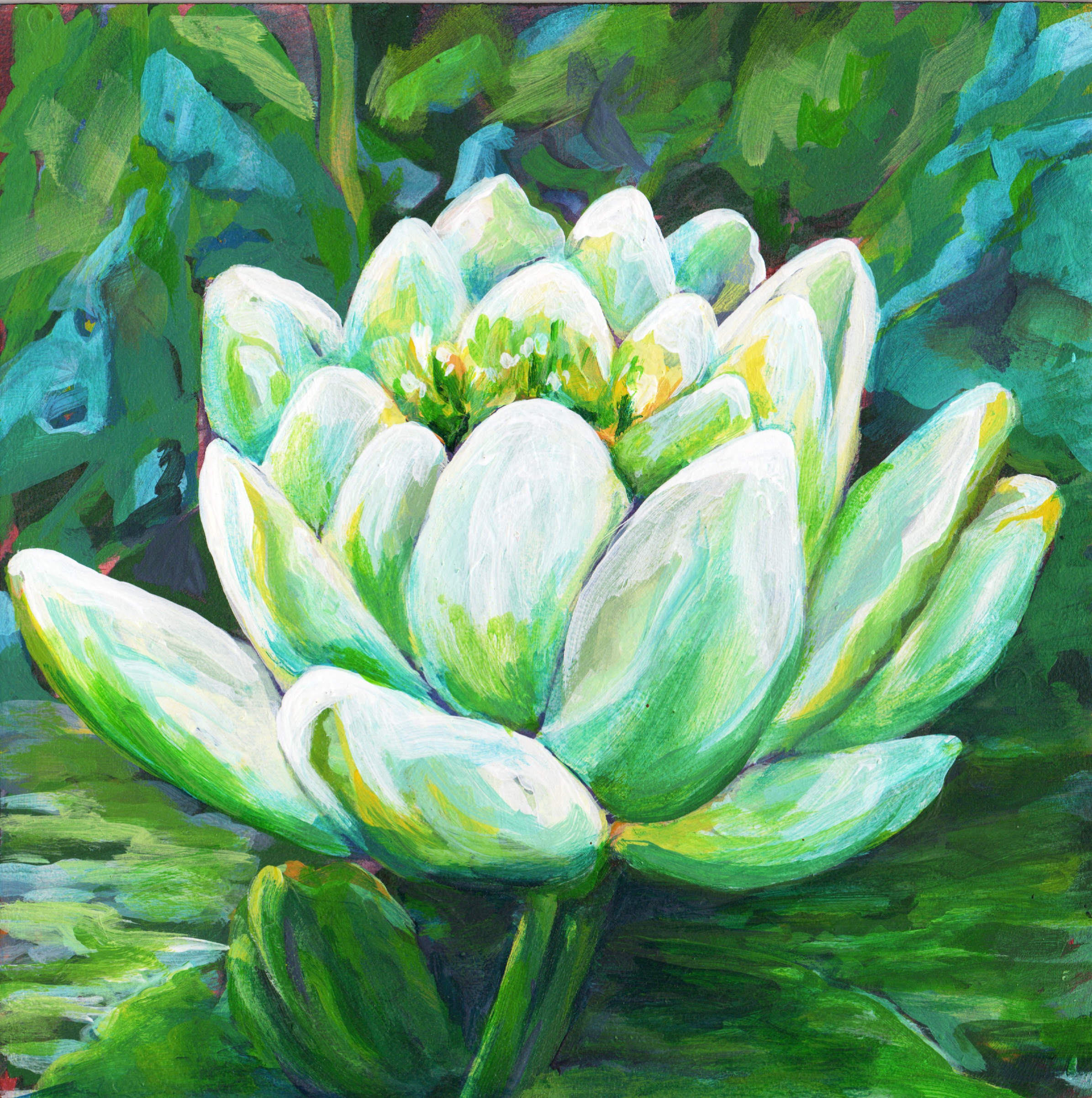 An abstract painting featuring mainly green, white, and hints of blue and violet colors, depicting lush foliage or plant-like forms.