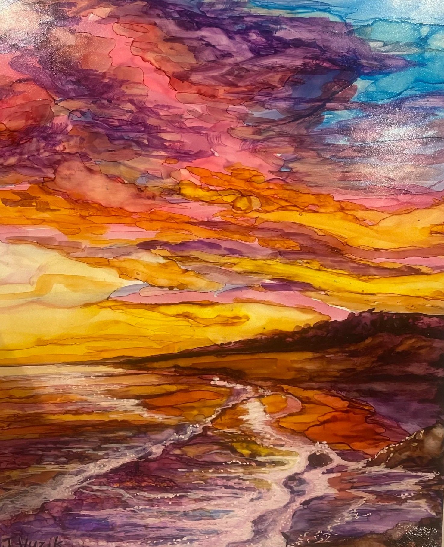 A colorful watercolor painting of a sunset or sunrise over a body of water, with shades of pink, purple, orange, and blue in the sky and reflections on the water.