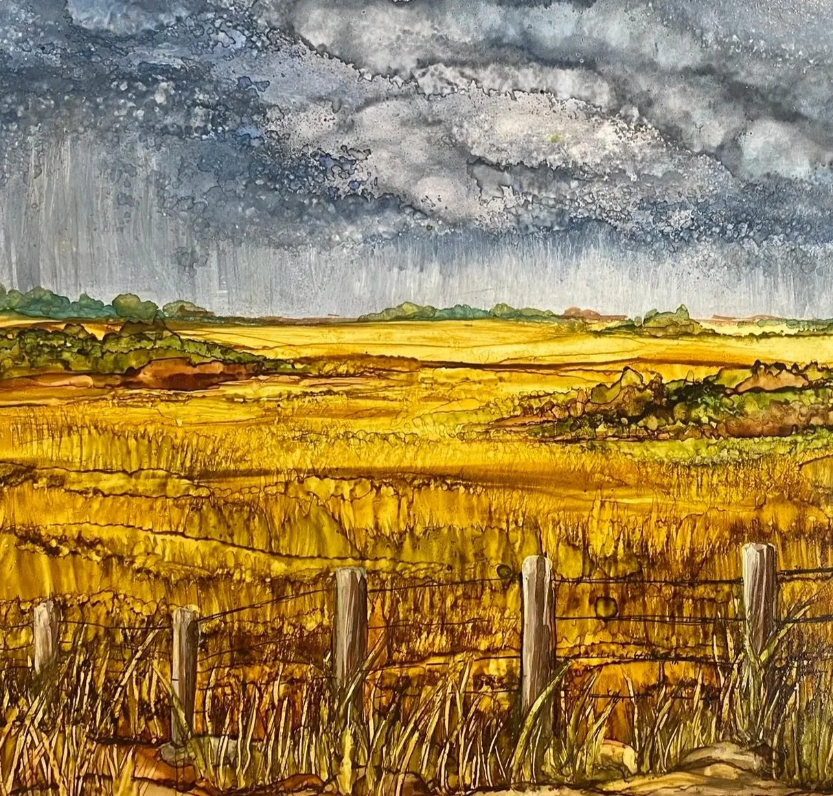 A watercolor painting of a rural landscape with golden fields, a barbed wire fence in the foreground, green trees in the middle ground, overcast dark clouds in the sky.