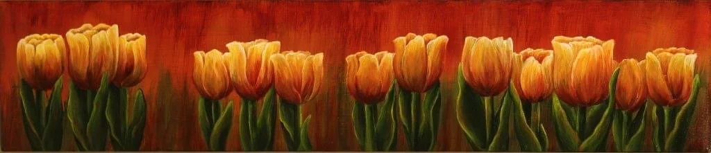 A painting of orange tulips with green leaves on a dark red-brown background.