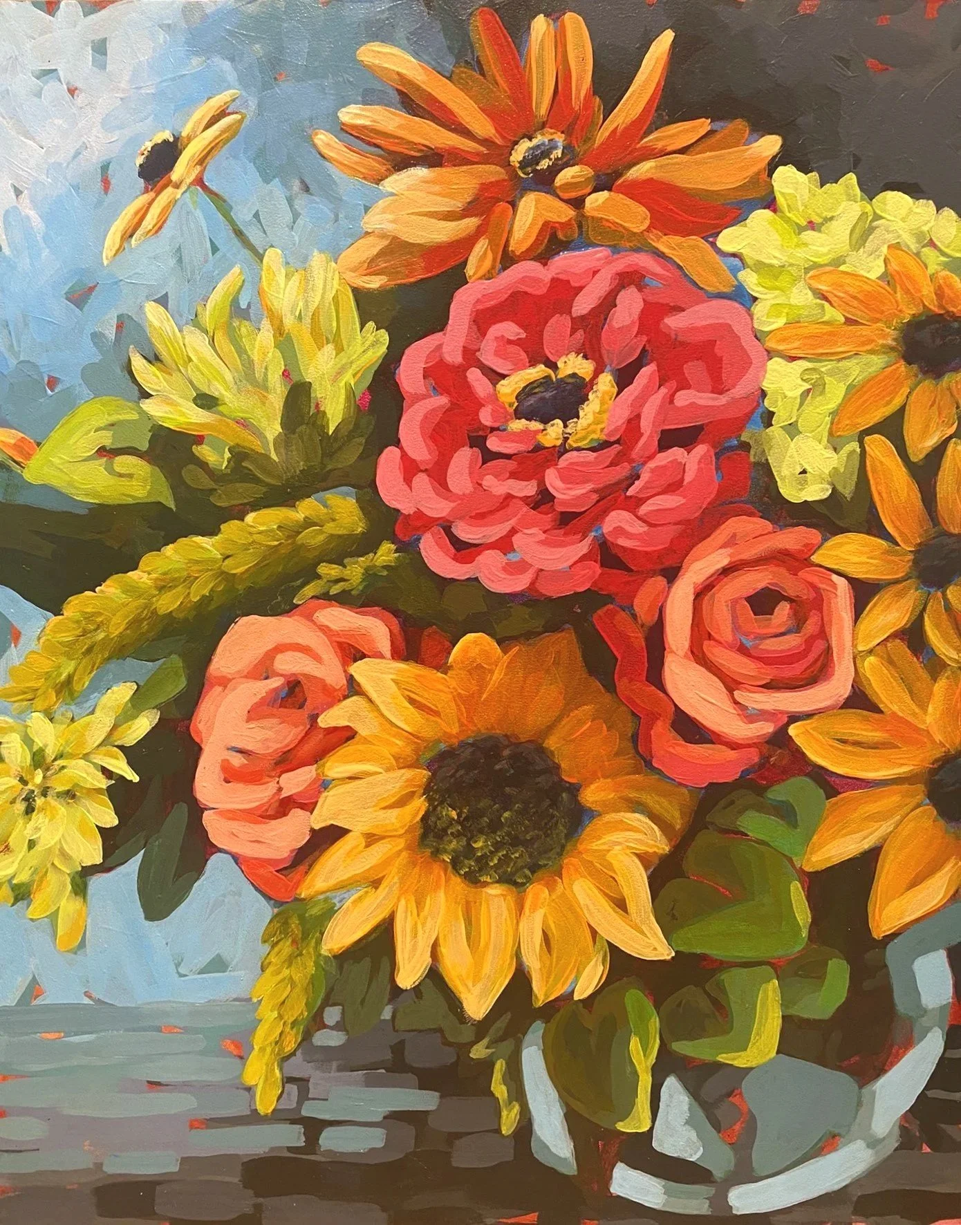 A colorful painting of a flower bouquet with bright orange, yellow, and pink flowers, some with dark centers, set against a background of cool blue and dark tones.