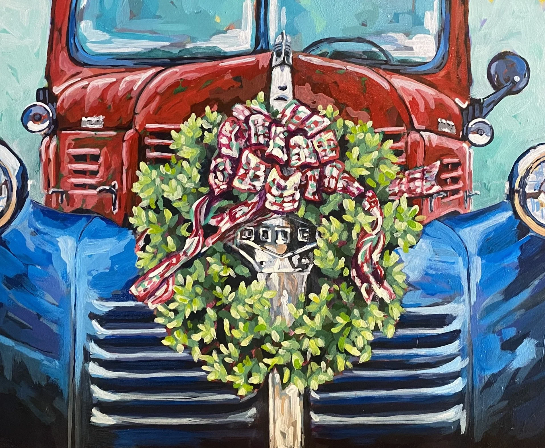 Painting of the front of a vintage red truck with Christmas decorations in the grill, including a large red and green bow, greenery, and other holiday elements, set against a light blue background.