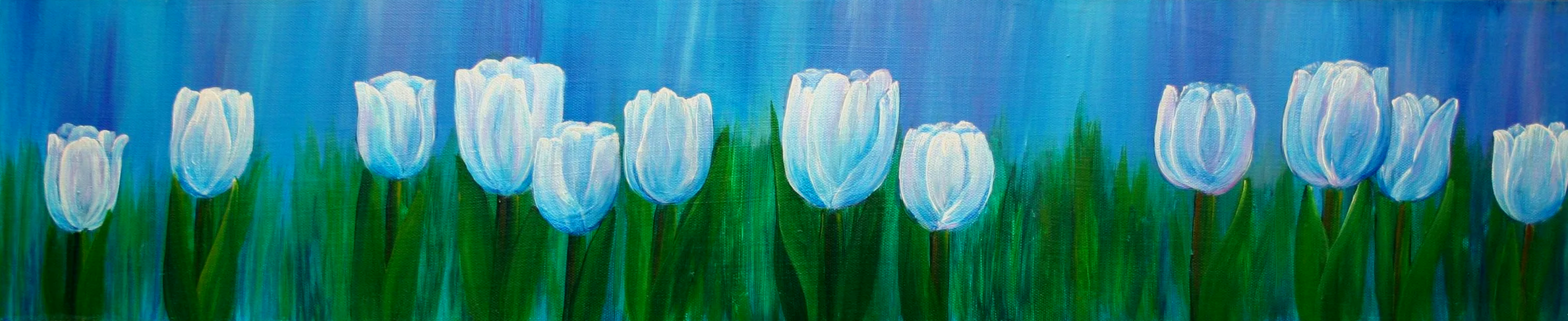 Painting of white tulips with green stems against a blue background.