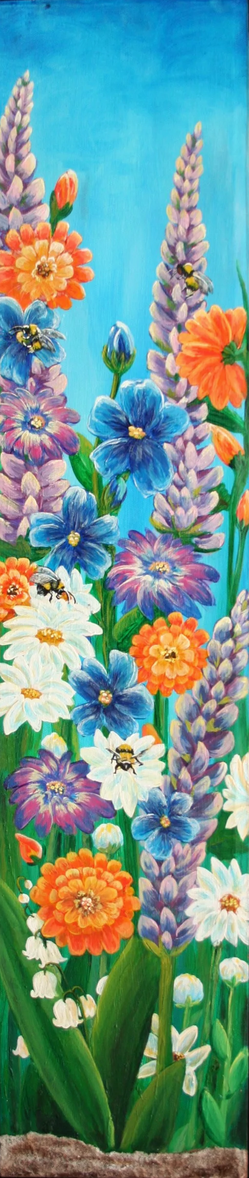 Colorful floral painting with blue, orange, white, and purple flowers, bees, and a blue sky background.