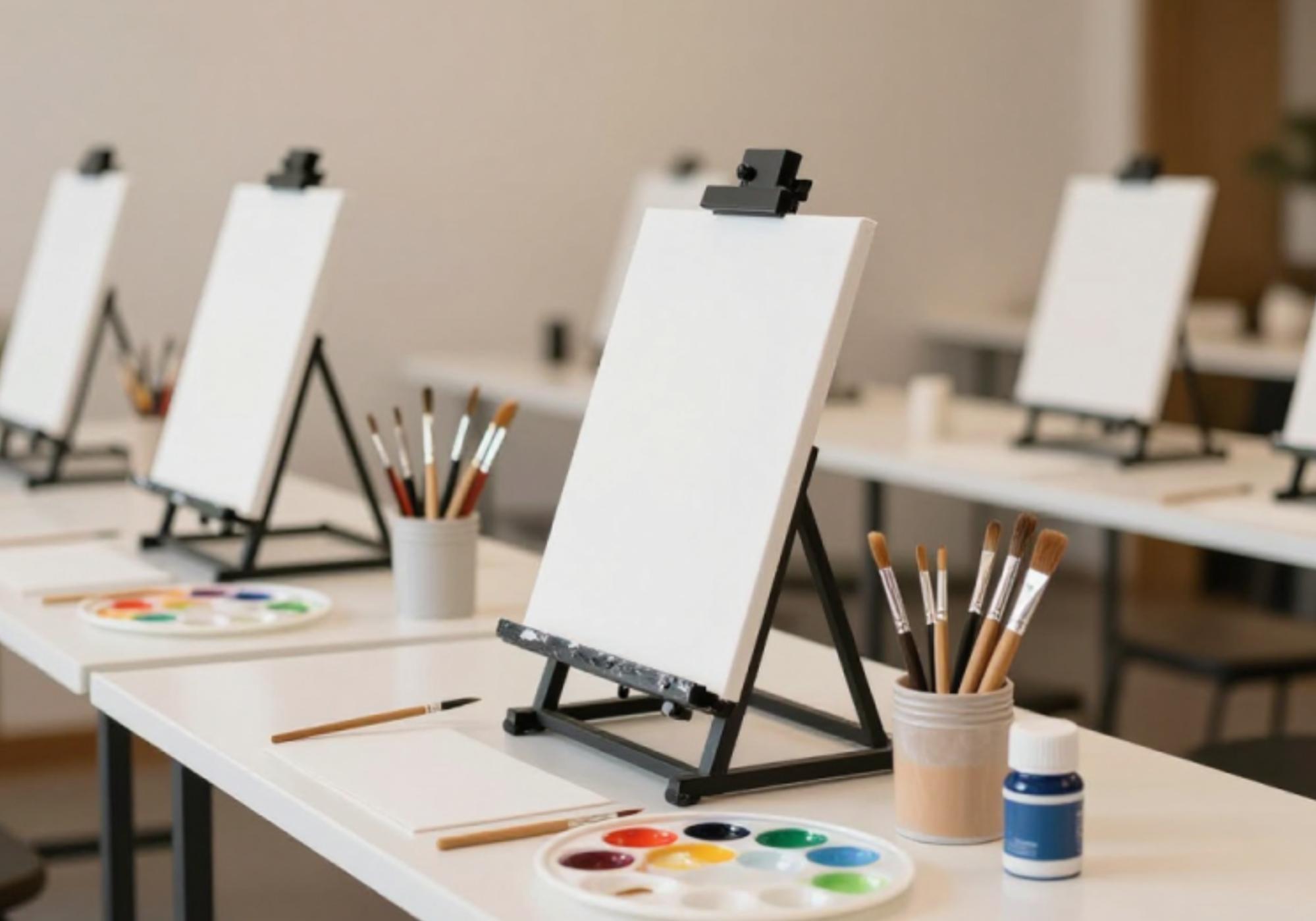 Empty canvases on easels set up on white tables for a painting class, with palettes of colored paints, paintbrushes in containers, and bottles of paint on the tables.