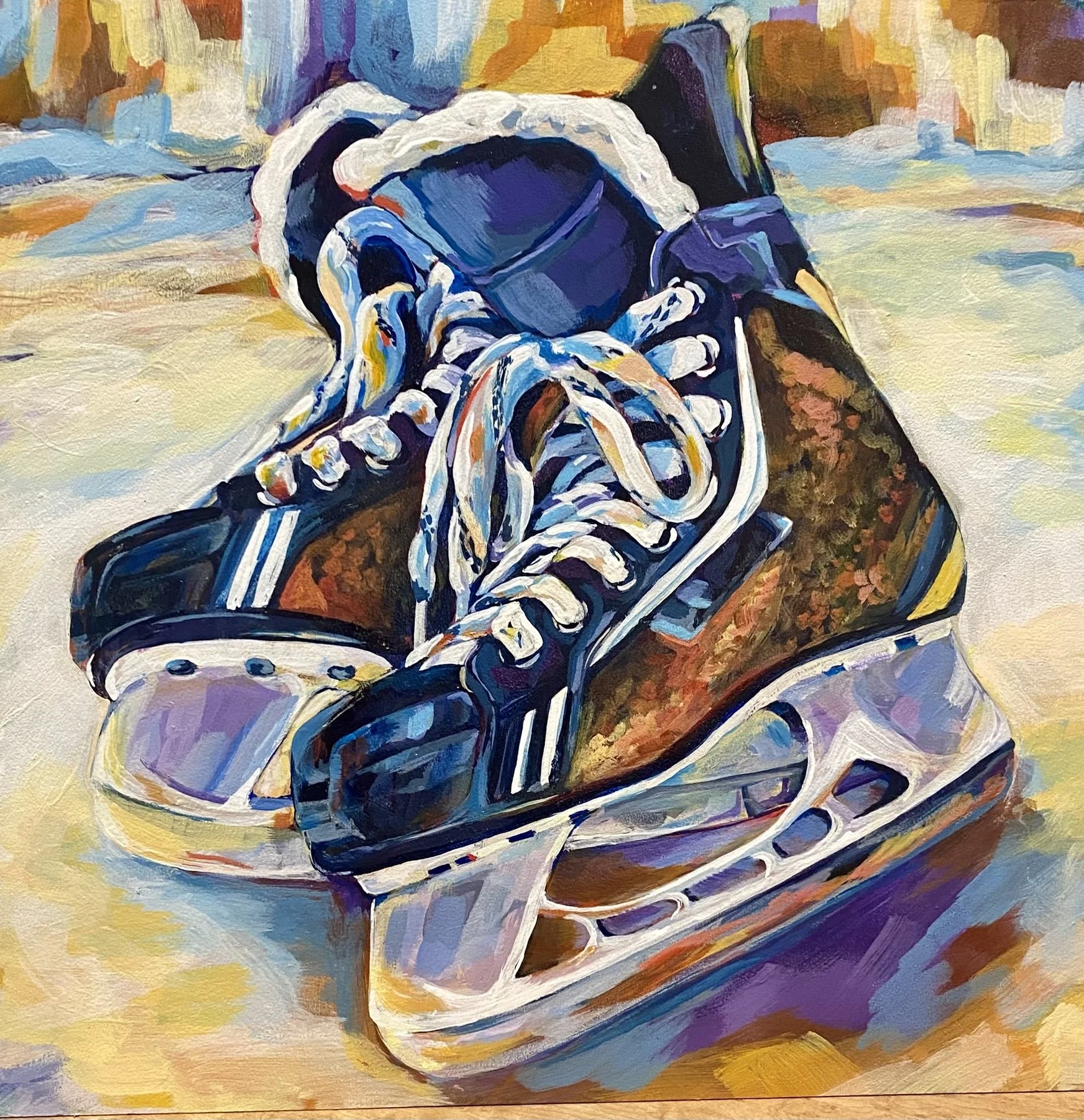 Painting of a person tying shoelaces on a sneaker, using bold and vibrant brushstrokes in an impressionistic style.