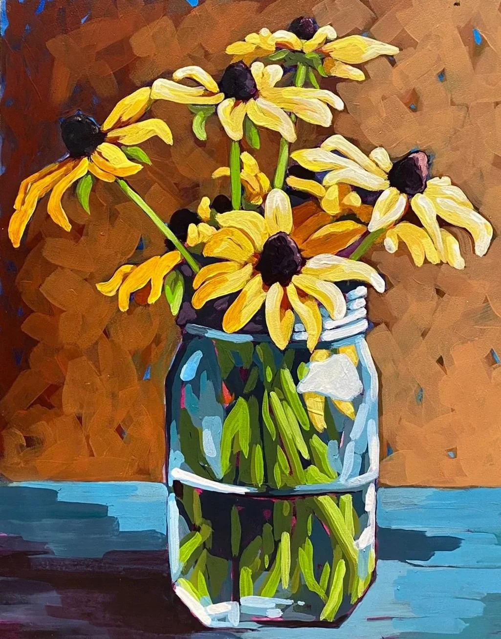 A painting of a glass jar filled with yellow flowers with dark centers, set against a textured brown background. The jar is painted with shades of blue and green, and the flowers have green stems and leaves.