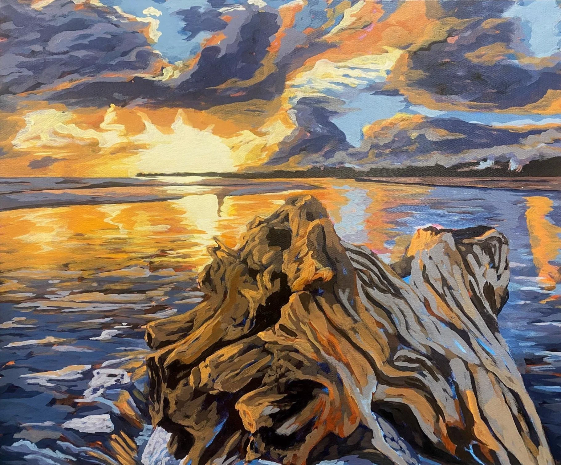 A colorful painting of a sunset over the ocean with clouds in shades of violet, orange, yellow, and blue. Large rocks are in the foreground, and the sky and water reflect warm hues.