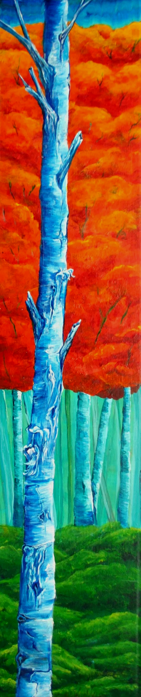 A painting of a blue tree with a vibrant orange canopy in a forest with a green grassy ground and light blue trees in the background.
