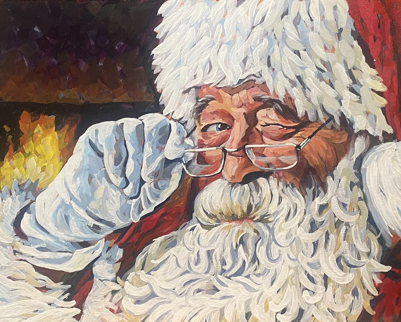 A painting of Santa Claus with a cheerful expression, wearing glasses, and a red suit with white fur trim. He is holding the glasses with one hand and looking over them.