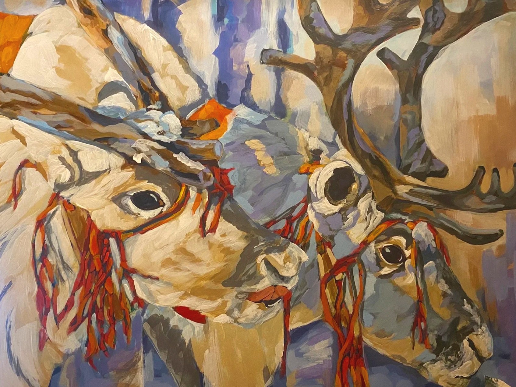 A painting of multiple deer, including a close-up of a single deer face on the left and a group of deer with antlers and ribbons around their necks. The artwork uses bold brushstrokes and a warm color palette.