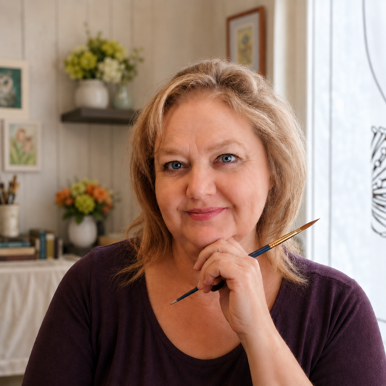 A woman with blonde hair and blue eyes, holding a paintbrush near her chin, smiling softly in a cozy, artful room with flower arrangements and artwork in the background.