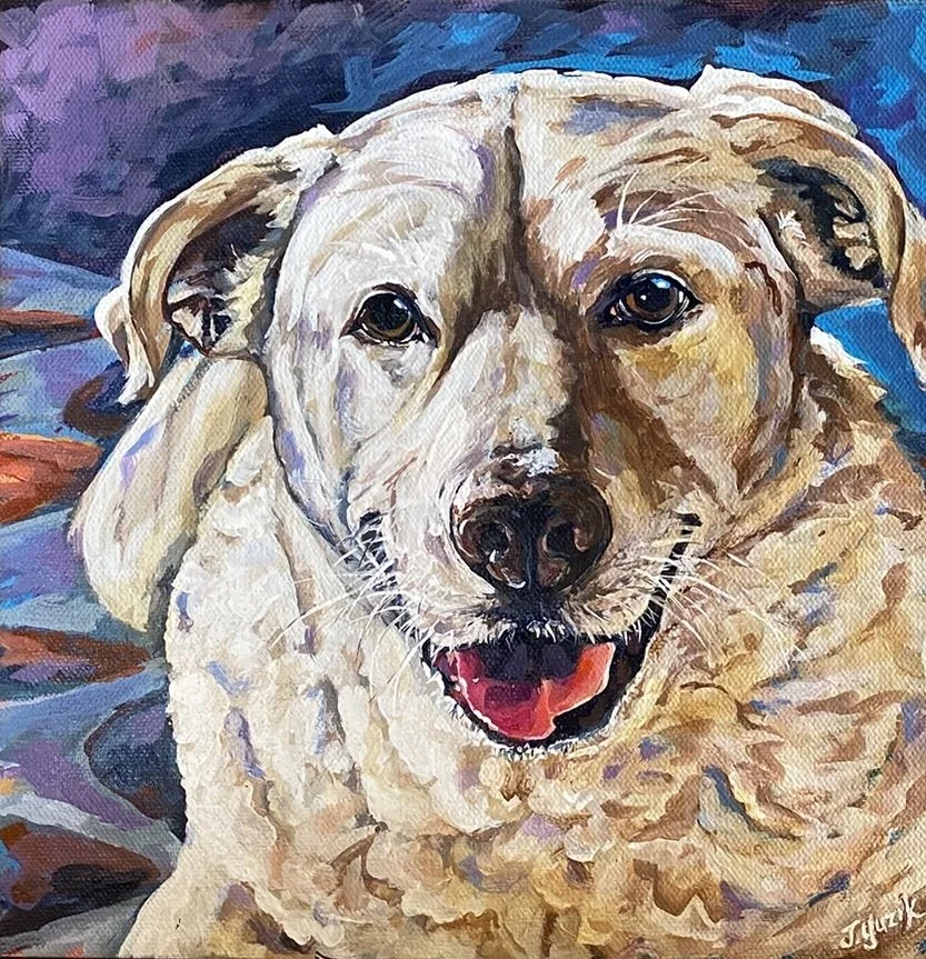 Painting of a happy, light-colored dog with dark eyes, black nose, and pink tongue, set against a vibrant, abstract background.
