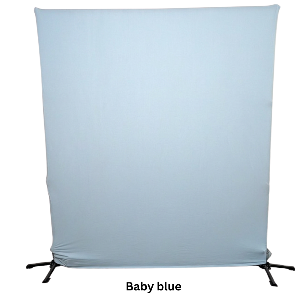 A baby blue fabric backdrop on a stand