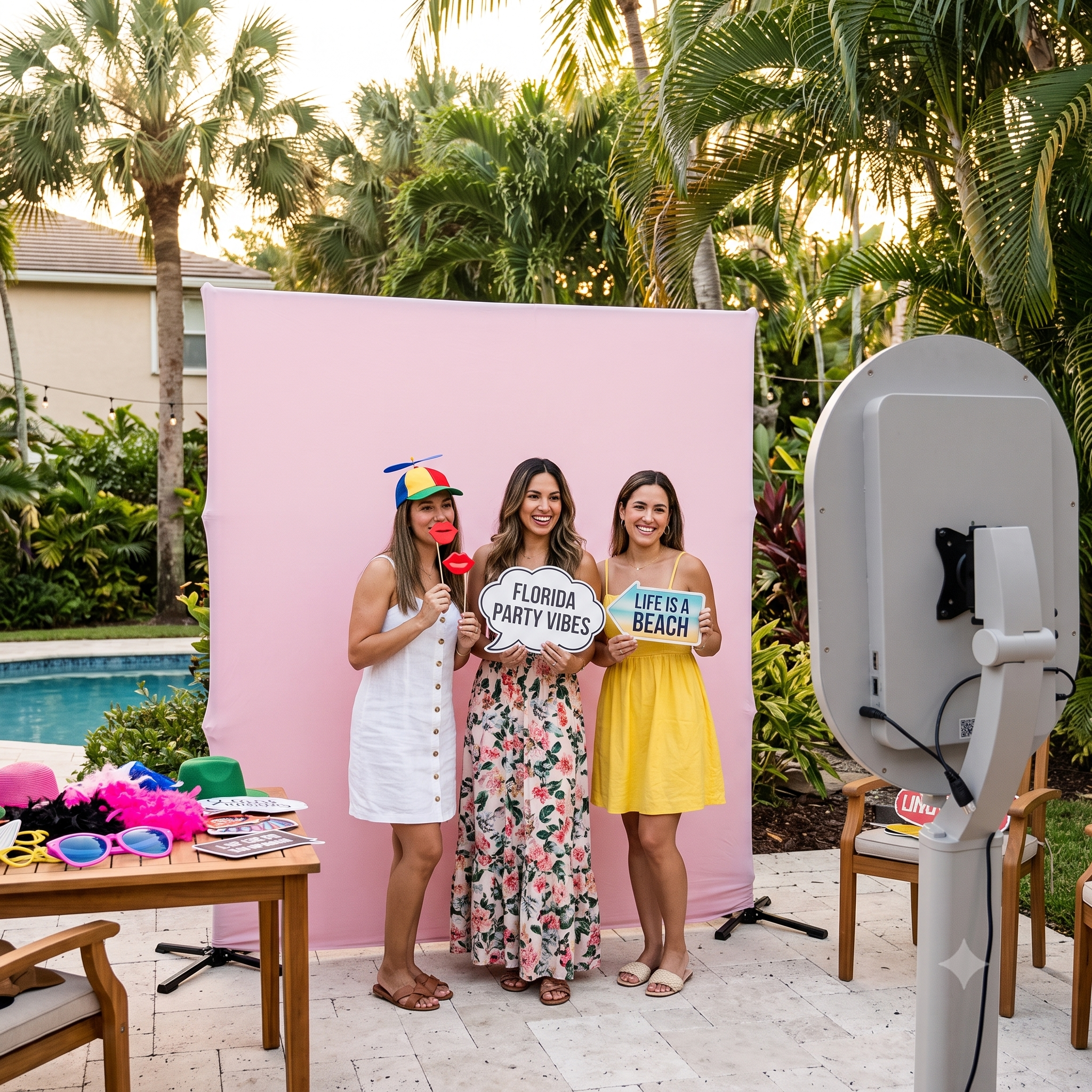 Three women standing together outdoors, holding signs with party and beach messages, smiling at the camera. The background has tropical trees and a pink backdrop with some items on a table and a photo booth setup.