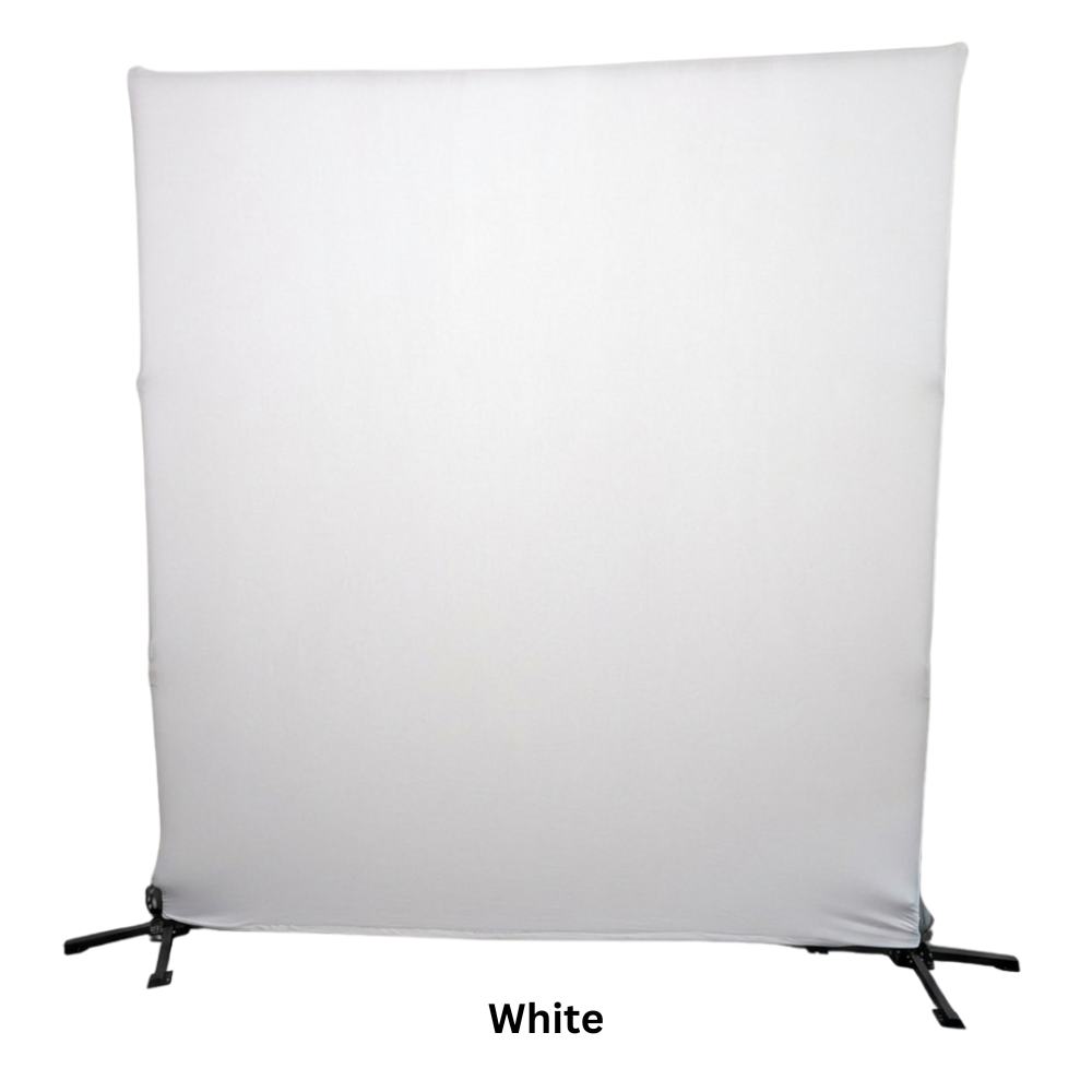 A white backdrop or screen supported by a stand at the bottom corners, used for photography or videography.